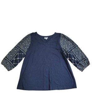 J. Jill Navy Balloon Sleeve V-Neck Top Large Floral Embroidered